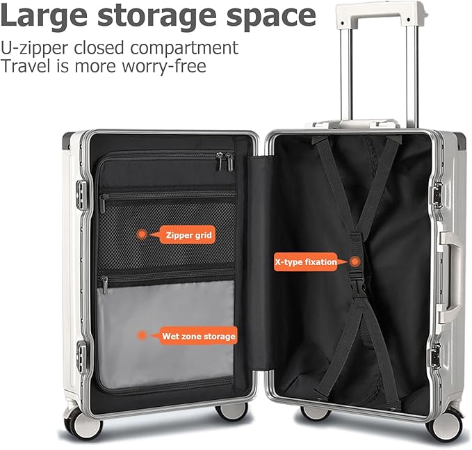 feilario 24in Aluminium Frame PC Hard Shell Spinner Wheels Luggage, Built-In TSA lock Carry on Suitcase, with Cup Holder, USB Port, Phone Holder