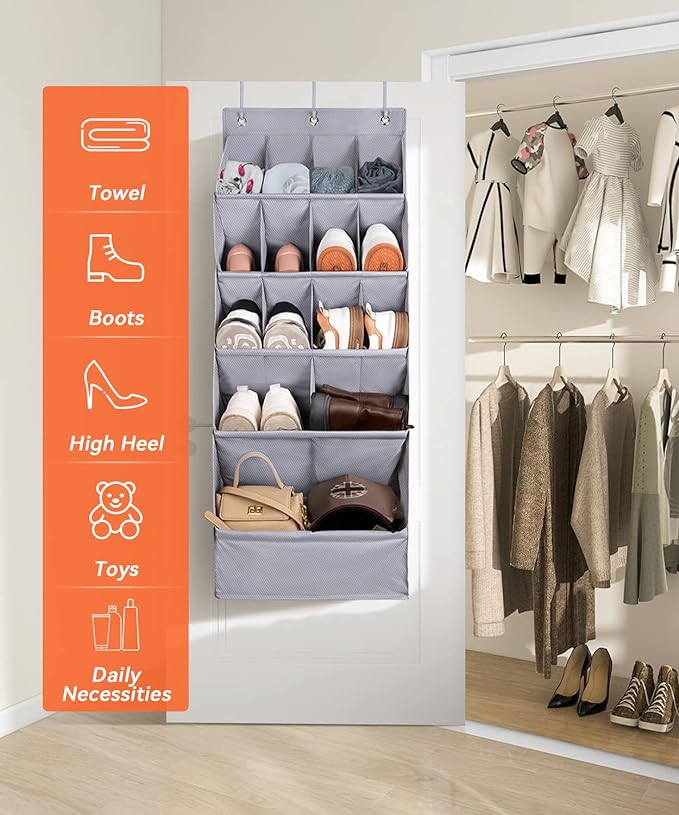 FENTEC 1 Pack Over-the-Door-Shoe-Organizers, Hanging Shoe Organizers with Large Pocket Shoe Holder Hanging Shoe Rack for Closet Shoe Organizer for Wall, Over Door Organizer with 15 Pockets Gray