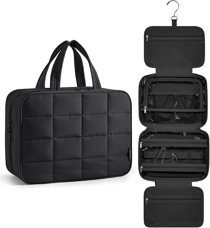 BAGSMART Travel Toiletry Bag with Jewelry Organizer, Hanging Travel Bag for Toiletries, Puffy Makeup Cosmetic Bag Organizer, Carry-on Travel Accessories Essentials, Black-M