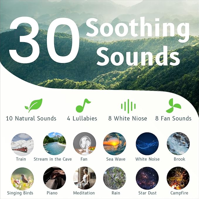 Easysleep Sound White Noise Machine with 25 Soothing Sounds and Night Lights with Memory Function 32 Levels of Volume and 5 Sleep Timer Powered by AC or USB for Sleeping Relaxation (Wood)