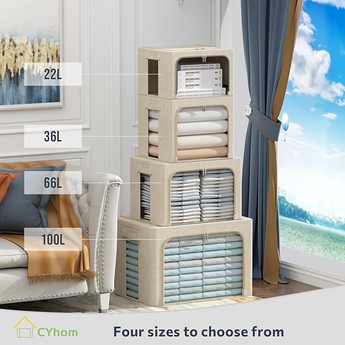 4 Pack Clothes Storage Bins with Metal Frame - Linen Fabric Foldable Stackable Container Organizer Set with Clear Window & Carry Handles & Zippers (Beige, 23.6"x16.5"x15.7")