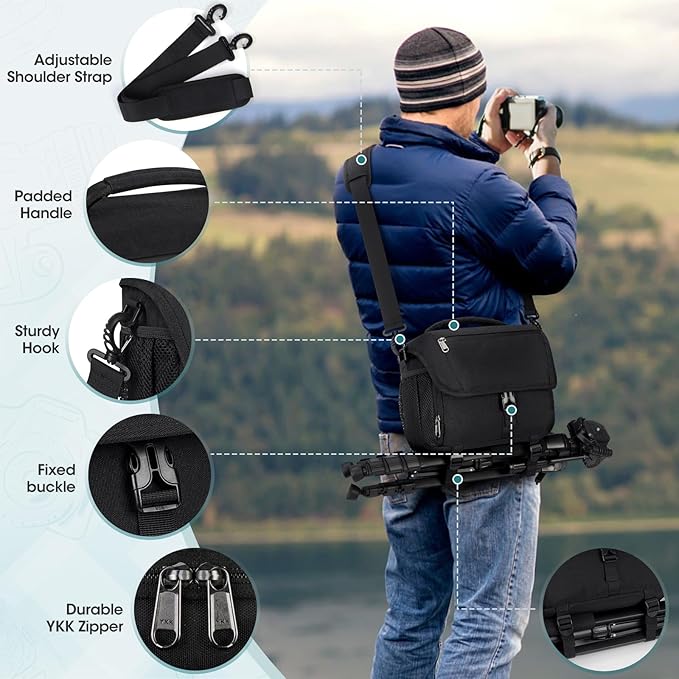 RAINSMORE Camera Bag, DSLR/SLR/Mirrorless Camera Case with Tripod Holder Waterproof Camera Sling Bag Crossbody Camera Bags for Photographers with Rain Cover for Canon/Nikon/Sony/Fuji, Black