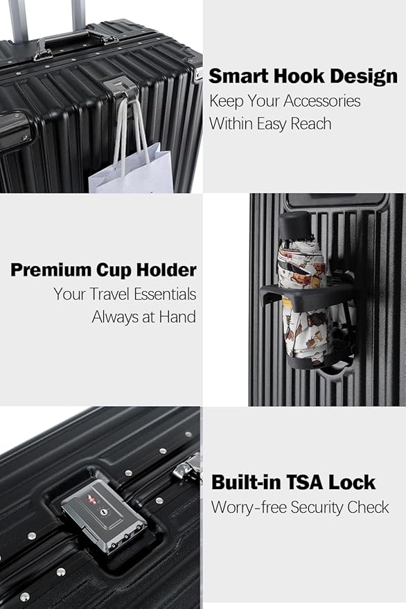 HotWay 26 Inch Aluminum Frame Luggage with Spinner Wheels, PC Hard Shell Suitcase with Cup Holder, Zipperless Luggage for Business Travel, Black