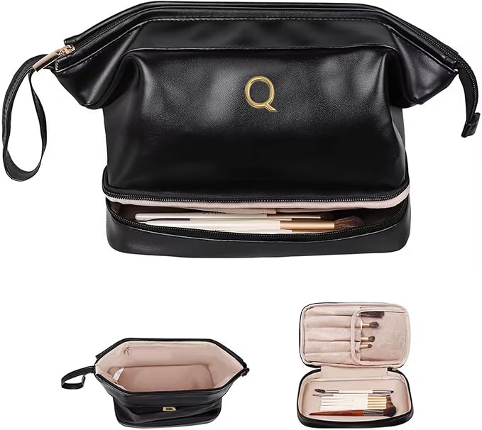 Bridesmaid Gift, Initial Makeup Bags, Personalized Double Layer Cosmetic Bag with Makeup Brush Organizer, Waterproof, Large Capacity PU Leather Travel Toiletry Bag