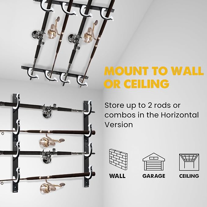 QudraKast Horizontal Fishing Rod Holder for Garage Wall Ceiling Mount - Fishing Pole Holders Fishing Rod Rack Holds Up to 2 Rods or Combos, Ideal Fishing Gift