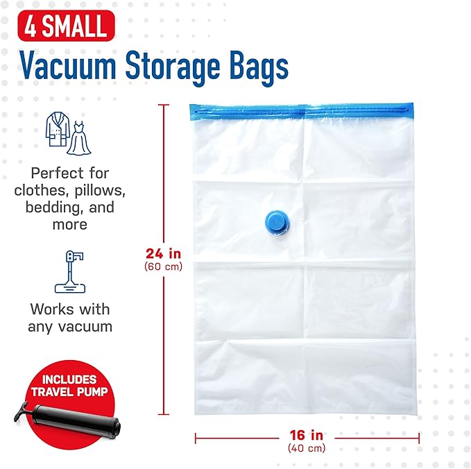 4 Pack Small Vacuum Storage Bags for Comforters, Blankets & Clothes – Vacuum Sealed Compression Bags with Hand Pump – Space Saver Storage Bags for Bedding, Moving, Travel & Organization