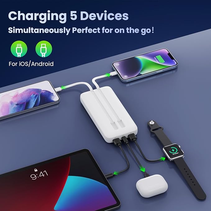 Portable Charger 40,800mAh Power Bank, 25W PD QC 4.0 Fast Charging Portable Phone Charger with Built-in Cables,LCD Display USB C Battery Pack Compatible with iPhone 16/15/14,Android Samsung (White)