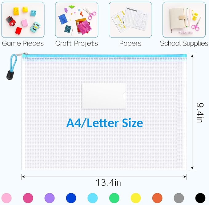 Sooez 20 Pack Mesh Zipper Pouch Bags, A4 Letter Size, Zipper Bags with Label Pocket, Waterproof Pouches for Classroom Organization, Board Game Storage, Document Bag for Teacher School Office Supplies
