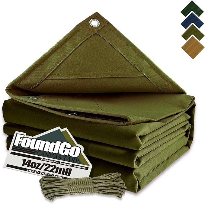 FoundGo Canvas Tarp 8'*10' Heavy Duty Waterproof Tarps with Grommets, UV Resistant, 22 Mil Tarpaulin,14 oz Durable Cloth Covers for Car, Roof, Boat, Camp, Canopy, Woodpile with Ropes.8'*10'