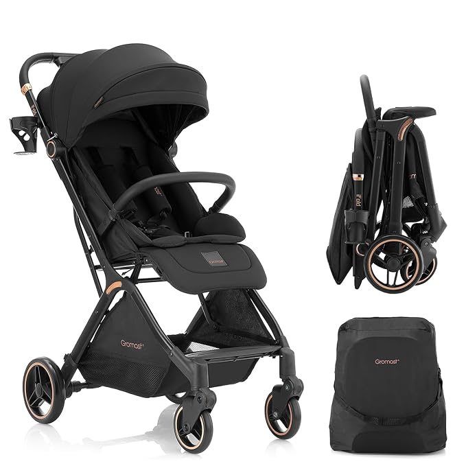 Gravity Folding Baby Stroller - Portable Travel Toddler Stroller w/Adjustable Backrest & Canopy, Lightweight and UV Protected, One-Hand Automatic Folding - Black
