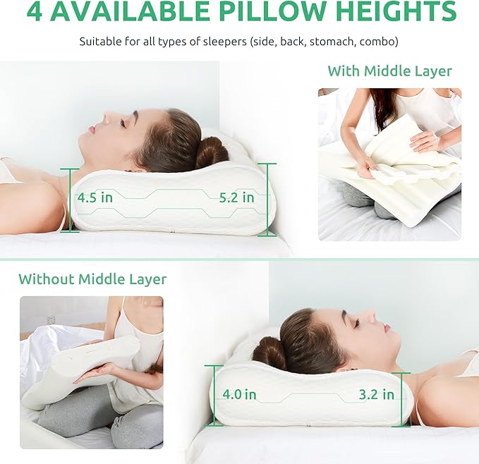 UTTU Cervical Pillow for Neck Strain Relief, Memory Foam Neck Pillow for Sleeping, Adjustable Orthopedic Sandwich Pillow, Contour Cooling for Side Back Stomach Sleeper, Medium(23.6"×14"×5.2"/4.5")