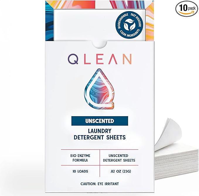 QLEAN Laundry Detergent Sheets (Travel Size 10 Loads) – Travel Laundry Detergent Sheets for Sensitive Skin, Unscented Fragrance Free Eco-Friendly Laundry Soap, HE & Standard Washer Safe, Stain Remover