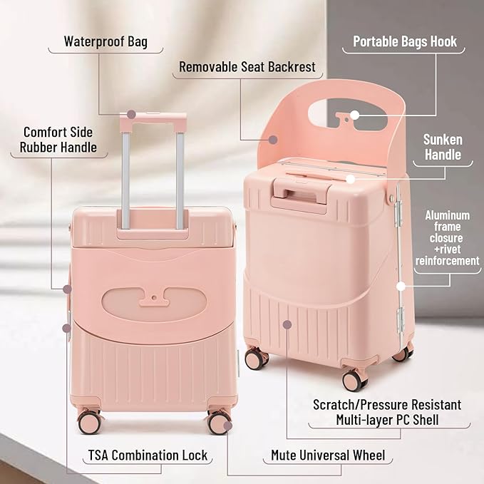 20 Inch Carry On TSA Lock Luggage for Kids& Adult,Lockable Spinner Wheels Free Luggage Cover and Safety Seatbelt Travel Suitcase (Carry-On TSA Luggage with Child Seat Pink)