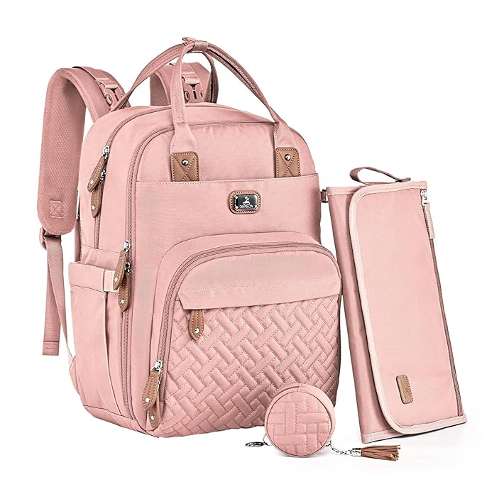 Dikaslon Diaper Bag Backpack with Portable Changing Pad, Pacifier Case and Stroller Straps, Large Unisex Baby Bags for Boys Girls, Multipurpose Travel Back Pack Moms Dads, Pink