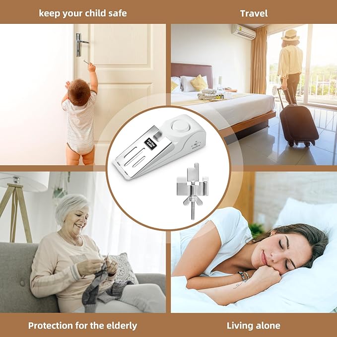 2 Pack Portable Door Lock & 120dB Travel Door Stopper Alarm, 3-Level Sensitivity Adjustable Travel Security Wedge for Hotel Home Apartment Dorm