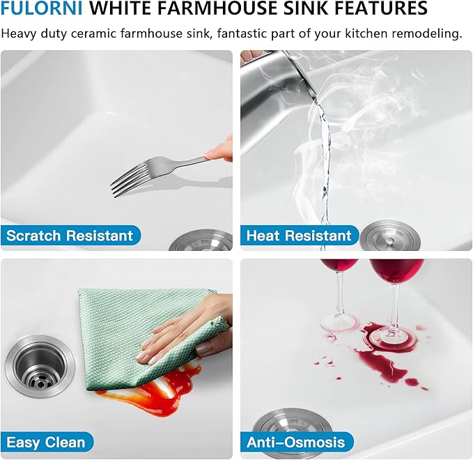 33 White Farm Sink Workstation - Fulorni 33"x21" Apron Front Farmhouse Sink Workstation with Slide Ledge White Ceramic Porcelain Fireclay Single Bowl Farmer Kitchen Sink Basin
