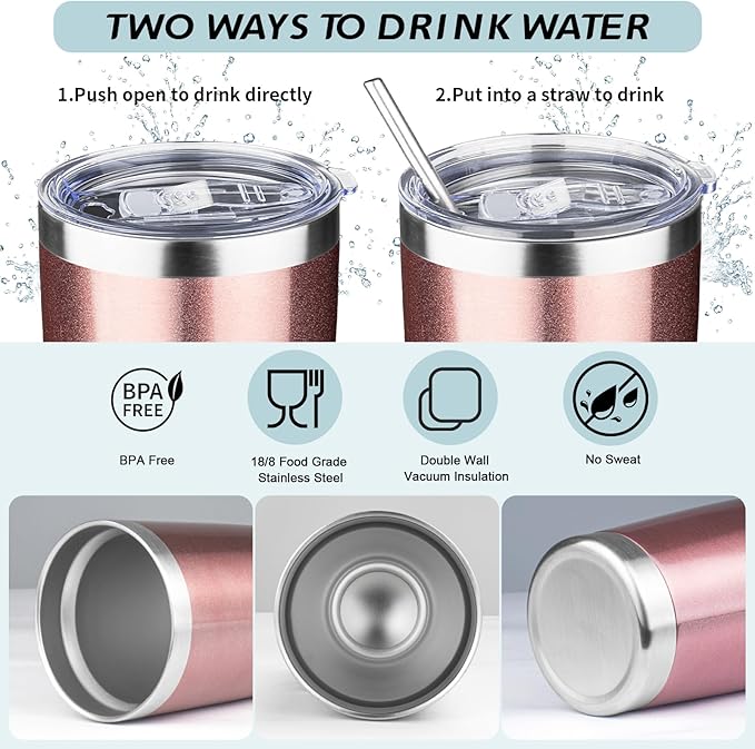 20oz Tumbler with Straw and Brush, Stainless Steel Vacuum Insulated tumbler, Double Wall Insulated Coffee Tumbler for Outdoor, Home, Travel,Office (Rose Gold,8pcs)