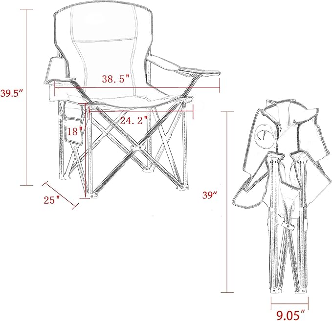 Padded Camping Chairs for Adults, Oversized Folding Outdoor Chairs, Weight Capacity 475lbs, with Cooler Bag, Cup Holder, Storage Pocket Carry Bag (Red - 2 Pack)