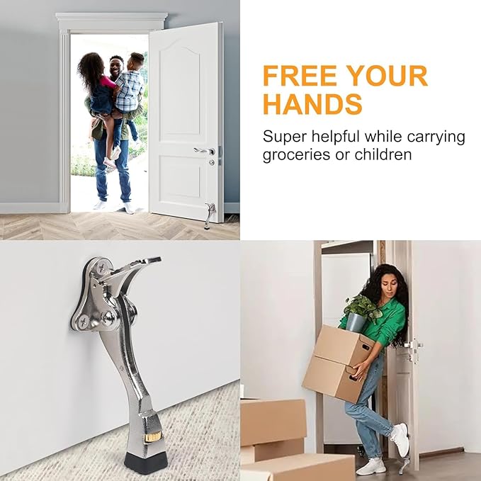 6 Packs Heavy Duty Kickdown Door Stopper, One Touch Adjustable Kickdown Door Stop for Heavy Doors, 4 in Metal Door Kickstand with Rubber Tip & Wall Protectors for Wide Doors