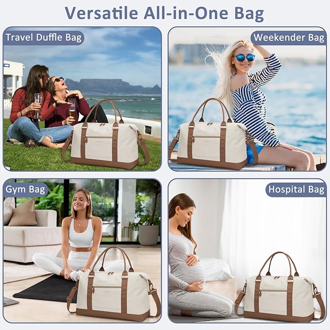 Travel Duffle Bag for Women, Weekender Bags, Hospital Bag for Labor Delivery, Lightweight Tote Duffel Overnight Bag with Luggage Sleeve, Airplane Travel Bags with Toiletry Bag, Large, Beige