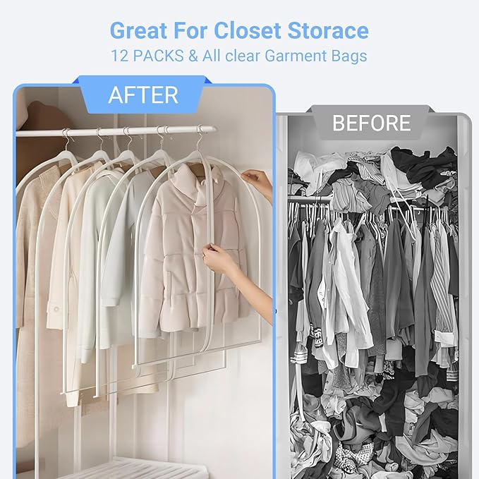 Garment Bags for Hanging Clothes 24'' x 40'' (Set of 12) Coat Covers for Closet Foldable Washable Dress Bags for Hanging Clothes for Long Dress Dance Costumes Suits Gowns Coats