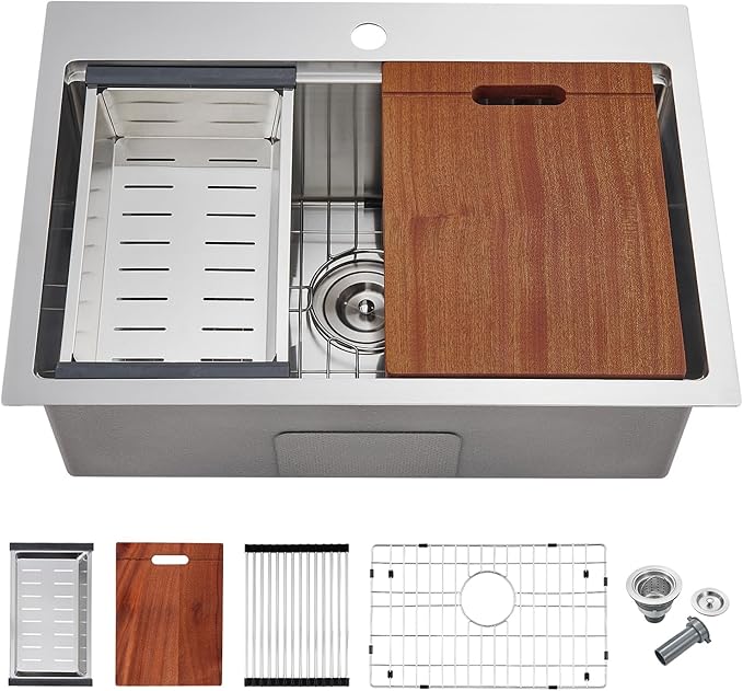 POPFLY 25 Inch Drop In Kitchen Sink, 25×18 Drop In Workstation Sink 18-Gauge 304 Stainless Steel Single Bowl Top mount 9-Inch Deep Handmade Farmhouse Sinks with Cutting Board and Strainer, Brushed