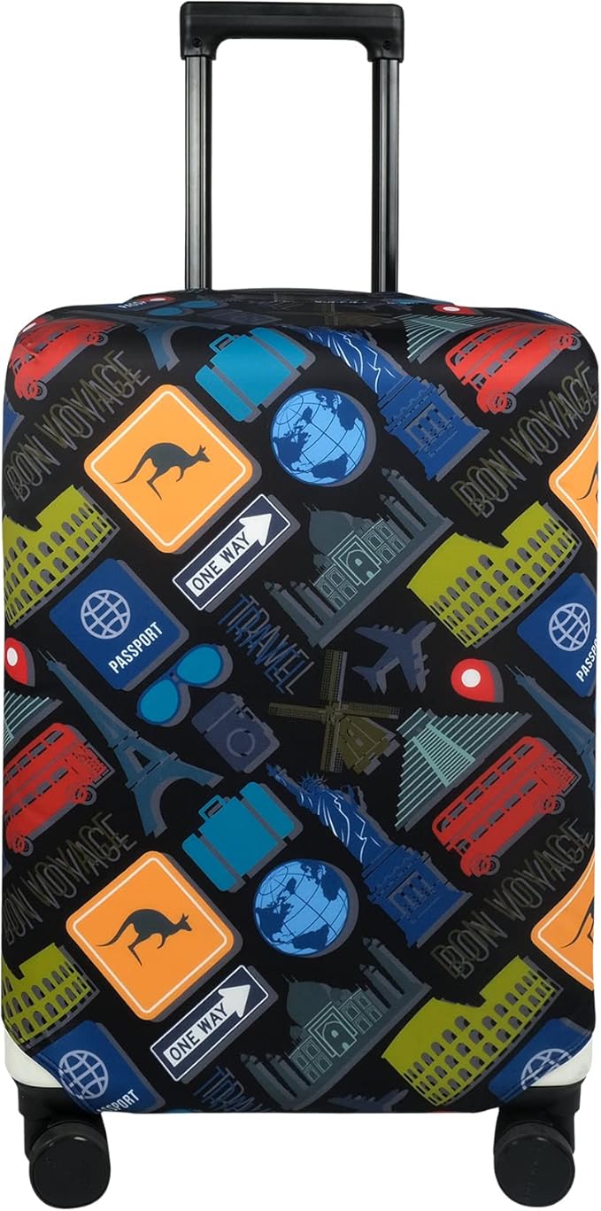Explore Land Travel Luggage Cover Suitcase Protector Fits 23-26 Inch Case (Bon Voyage, M)