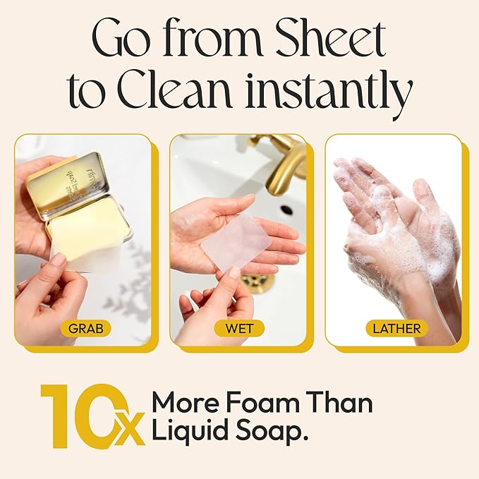 FOMIN - Antibacterial Paper Soap Sheets Tin for Traveling - (300 Sheets) Variety Pack (Unscented, Orange, Lemon) Portable Travel Hand Soap Sheet, Dissolvable Mini Camping Hand Soap for Hand Washing