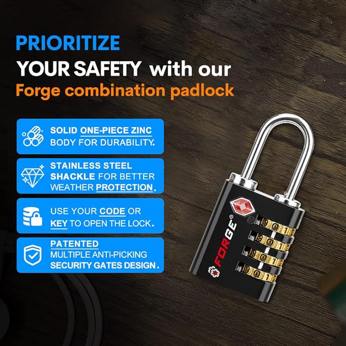 Forge Dual-Opening: Key or Combination Access Lock, TSA Approved Locks for Luggage, Pelican case, Travel, Gym, School, Stainless Steel Shackle.(Black 6 Pk)