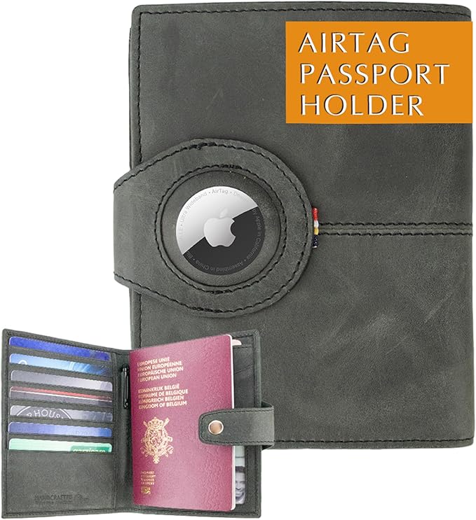 GARZINI Passport Holder with AirTag, Passport Wallet with RFID, Travel Accessories, Travel Document Holder with ID Window, Leather Passport Holder for 7 Cards, Brushed Black