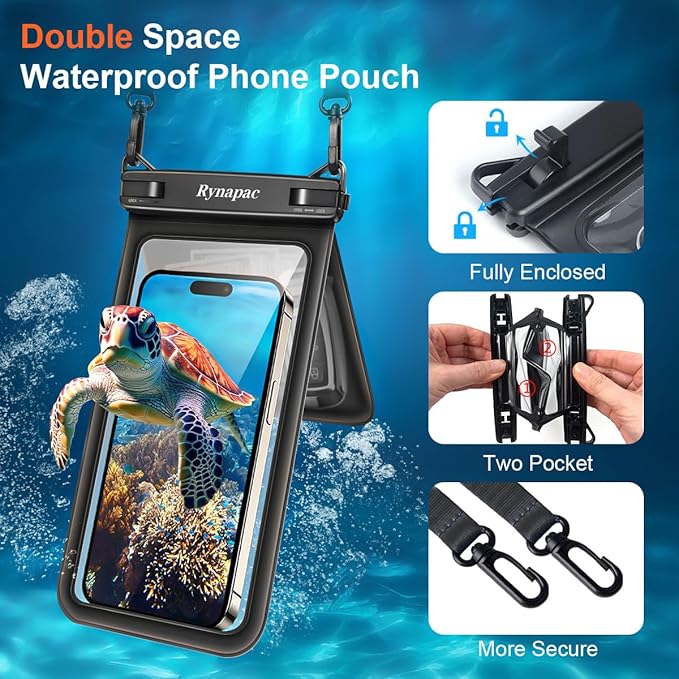 Double Space Waterproof Phone Pouch, 2 Pack Waterproof Phone Case with Lanyard for iPhone 15 Pro Max Galaxy S23 Pixel 7a up to 8.5’’, Cellphone Dry Bag for Beach Vacation