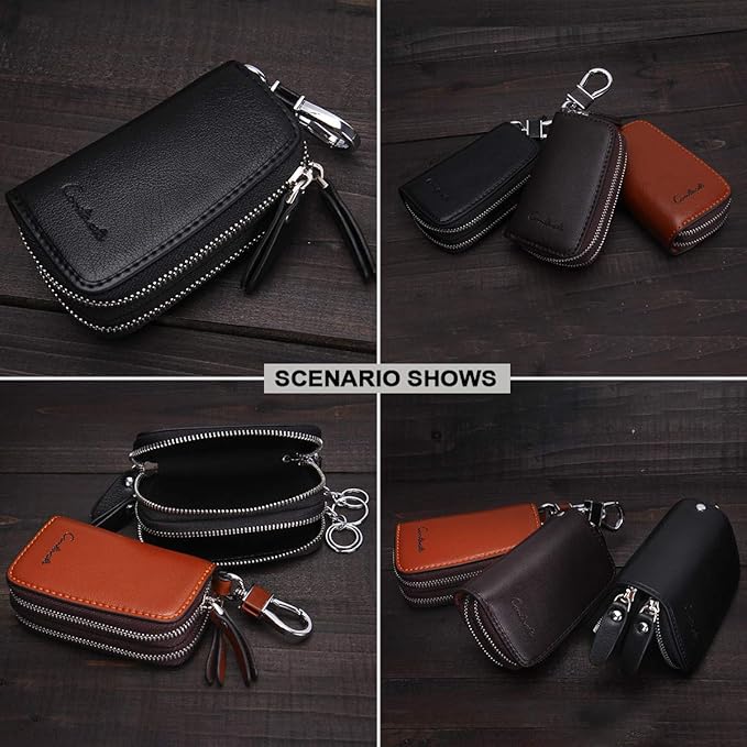 CONTACTS Car Key Case Small Leather Double Zipper Key Holder with 4 Keyrings Keys Organizer for Men Women