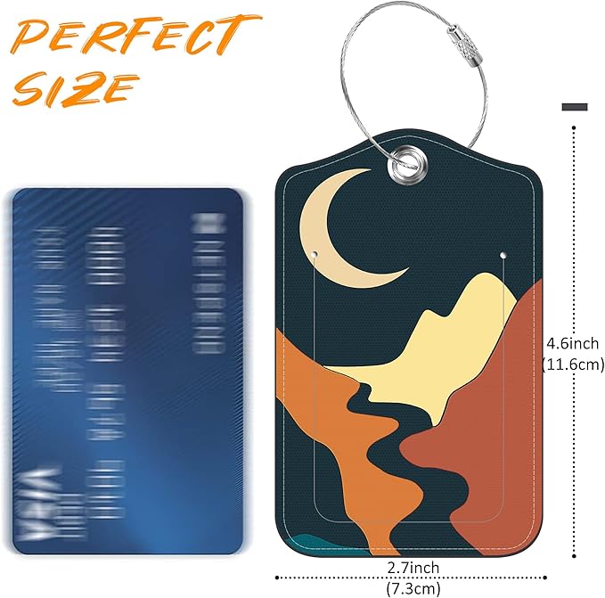Luggage Tags for Suitcase Mountains Lake Sun Moon 2 PCS Leather Travel Luggage Tag with Stainless Steel Loop Name ID Label Privacy Cover for Women Men Travel