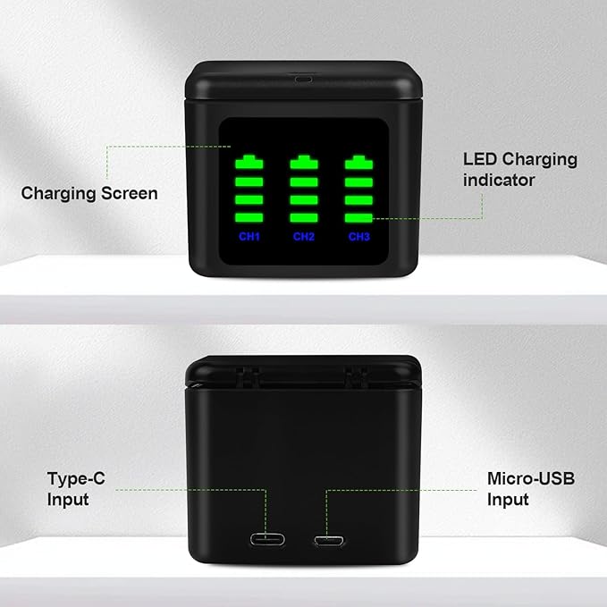 Battery Charger Kits for GoPro Hero 12 11 10 9 Black, 3-Pack 2000mAh Replacement Batteries + Triple Charge Case with Type-C Charging Cord for Go Pro 12 11 10 9 Official Batteries Accessories