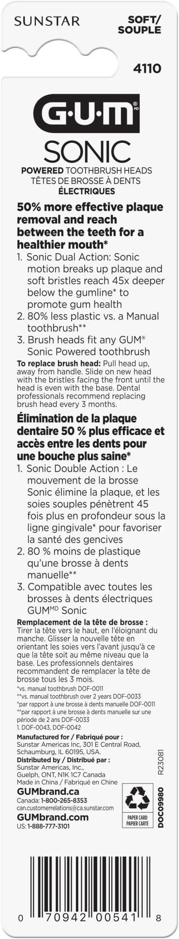 GUM Sonic Powered Toothbrush Refills, Tapered Bristles Clean Below The Gumline, White 2ct. (Pack of 2)