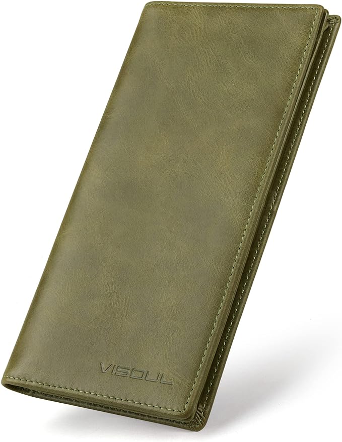 VISOUL Mens Long Bifold Checkbook Wallets Genuine Leather, Tall Checkbook RFID Wallets with Multi Card Pocket for Men (Olive Green)