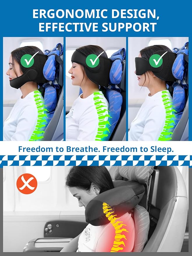 Travel Pillow Combo with Chin Strap, Airplane Pillows with 3D Eye Mask for Sleeping, 360° Support Plane Head Strap for All Plane Seats, Long Flights Essentials, Stop Bobblehead, Black