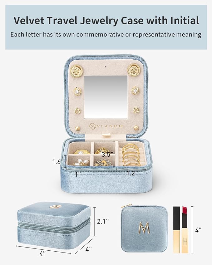 Vlando Mother's Day Gift for Women Girls, L Initial Travel Jewelry Case, Small Jewelry Travel Case, Personalized Travel Mini Jewelry Case, Birthday Gifts for Women Mom Grandma - Letter M, Blue