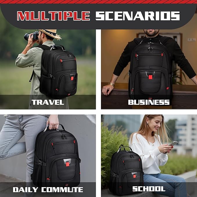 Extra Large 55L Travel Backpack, 18 inch Laptop Bag for Men, TSA Approved Heavy Duty with USB Charging Port, Anti Theft Rucksack for Business Work College, Black