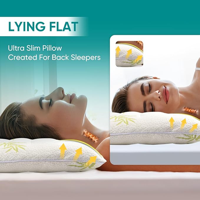 MINUPWELL Ultra Thin Pillows, Flat Pillows for Sleeping Thin, 7D High Support 2.5 inch Height Slim Bed Pillows for Stomach Sleeper, Standard Size -18x36 in - Rayon Derived from Bamboo