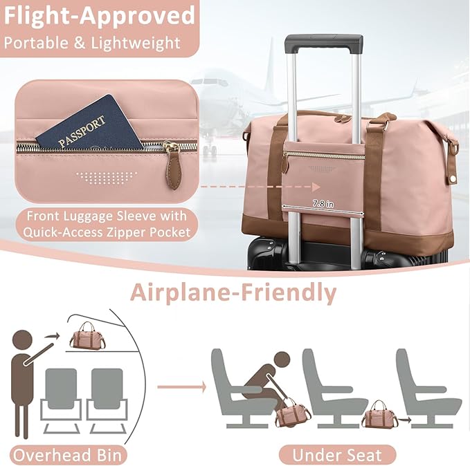 Travel Duffle Bag for Women, Weekender Bags, Hospital Bag for Labor Delivery, Lightweight Tote Duffel Overnight Bag with Luggage Sleeve, Airplane Travel Bags with Toiletry Bag, Large, Pink