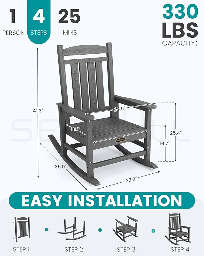 SERWALL Outdoor Rocking Chair Set of 2, HDPE Patio Rocking Chair All-Weather Porch Rocker for Balcony, Yard, Gray