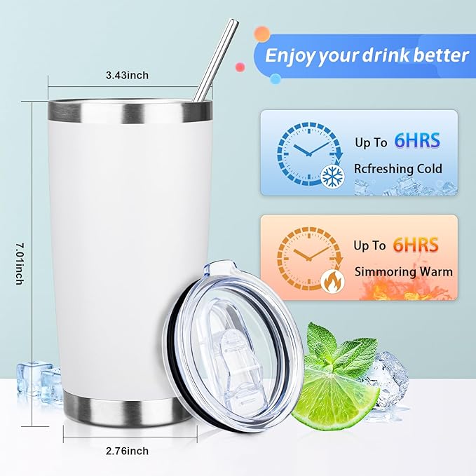 20oz Tumbler with Straw and Brush, Stainless Steel Vacuum Insulated tumbler, Double Wall Insulated Coffee Tumbler for Outdoor, Home, Travel,Office (White,4pcs)