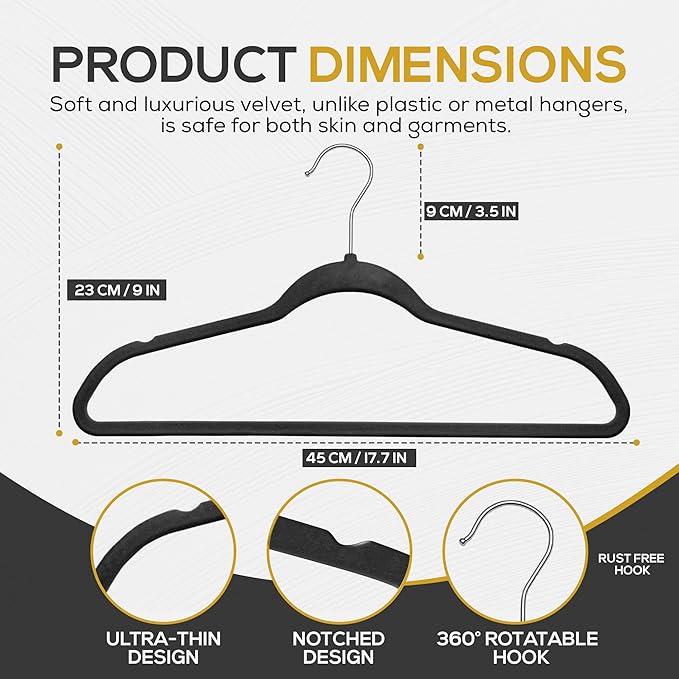Premium Black Velvet Hangers 30 Pack – Space Saving Felt Hanger, Non Slip Clothes Hangers for Closet, Heavy Duty Hanger for Coats, Shirts & Pants, 360° Swivel Hook, Hold Up to 10lbs