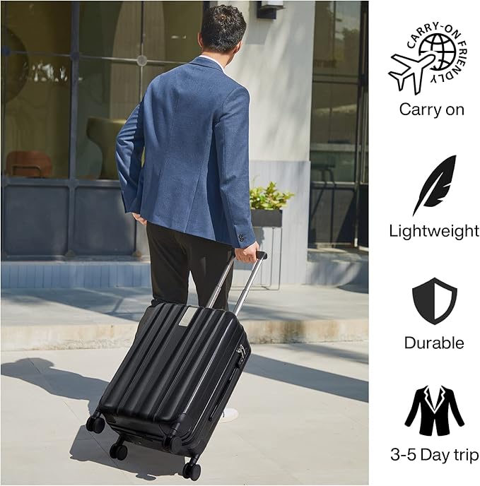 Hanke 20 Inch Carry On Luggage 22x14x9 Airline Approved Lightweight PC Hard Shell Suitcases with Wheels Travel Luggage Rolling Suitcase Travel Luggage Bag for Weekender(Jet Black)