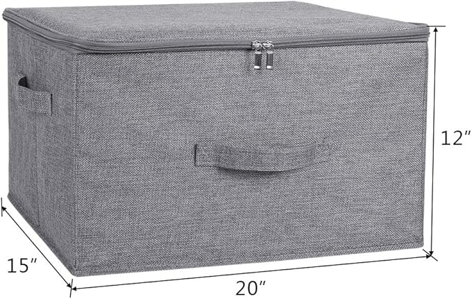 ANMINY 3PCS Storage Bins with Zipper Lids 51.9 Qt Lidded Fabric Storage Boxes Baskets Cubes with Handles Collapsible Washable Cotton Linen Closet Shelf Clothes Organizer - Gray, Extra Large