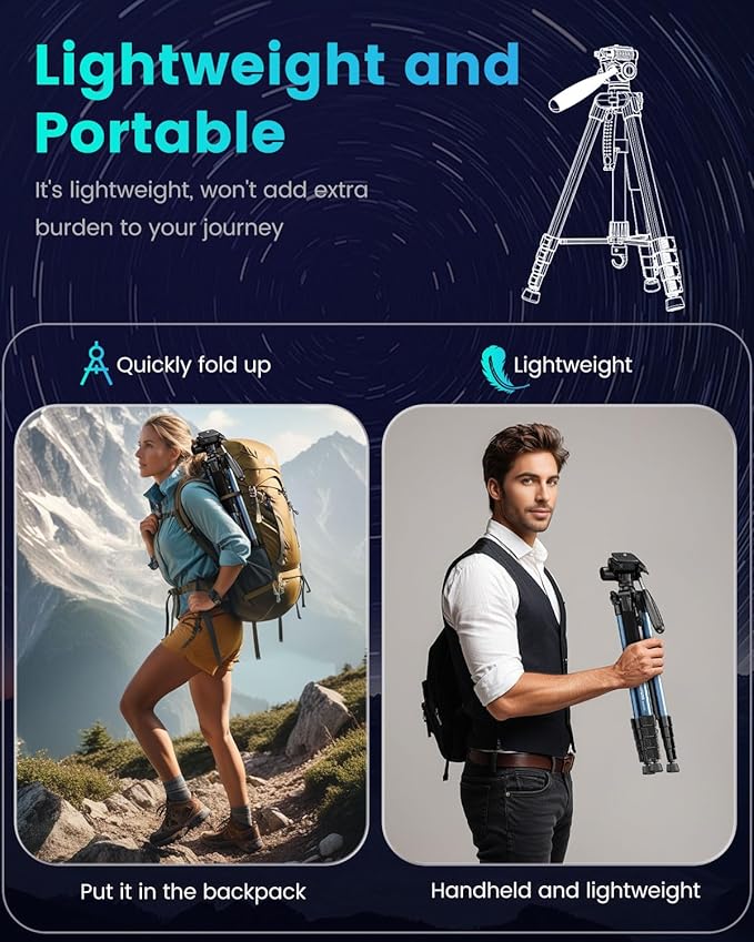 74"-Camera-Tripod, Navy Blue Professional Aluminum Heavy Duty Tripod Stand for Mirrorless Camera/DSLR/Cell Phone/Camcorder, with Holder and Travel Bag