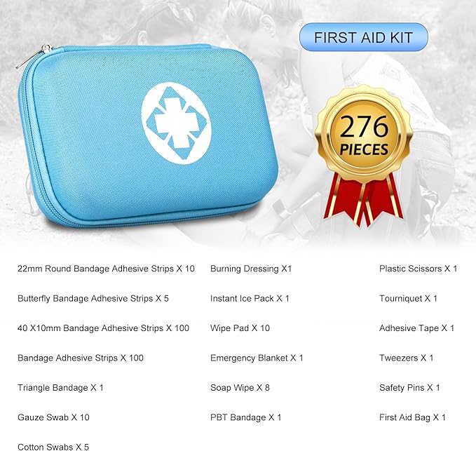 276PCS Small Travel First Aid Kit Supplies for Business, First Aid Kits Backpacking Essentials Items Trauma First Aid Survival Kits for Home Outdoor Adventure, Blue AMORNING