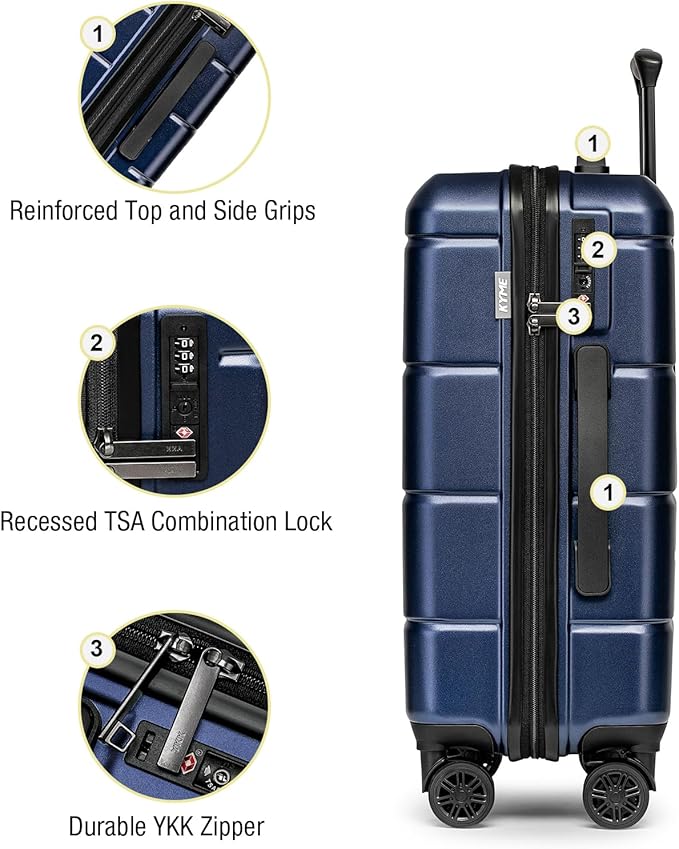 KYME Luggage Sets 2 Piece Hardshell 22"/26" Suitcase with Spinner Wheels Hardside Suitcases Sets with TSA Lock Lightweight Travel Luggage Set with Cup Holder for Women Men Navy