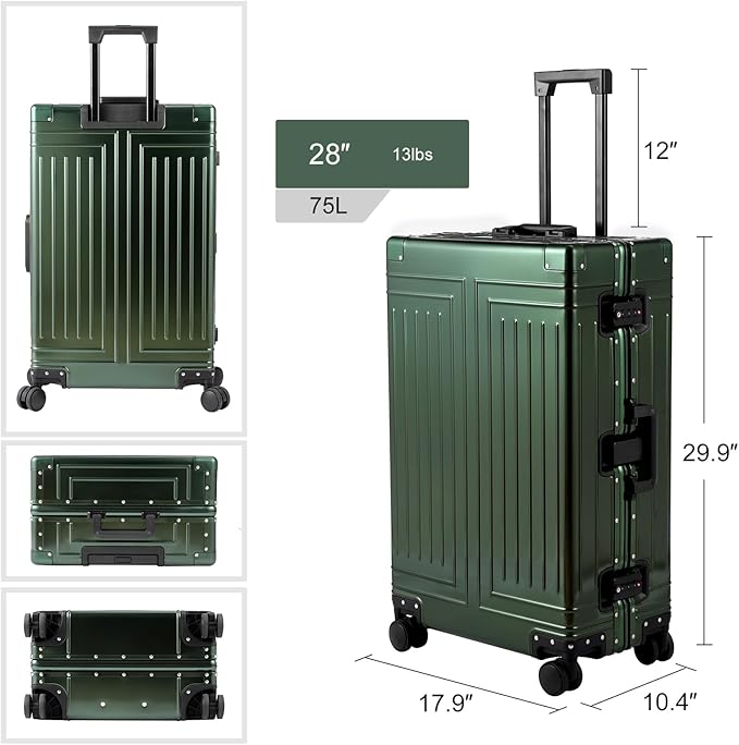 All Aluminum Magnesium Carry On Luggage，Cut from Whole Aluminum Sheet，22x14x9 Airline Approved ，（3rd Generation，Premium Magnesium Metal zipperless suitcase ） (green, 28inch)
